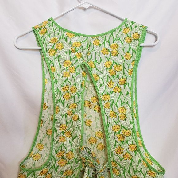 Vintage Apron Handmade Pullover Tie Waist Lime Green Yellow Daisy Print Pocket - Picture 8 of 11